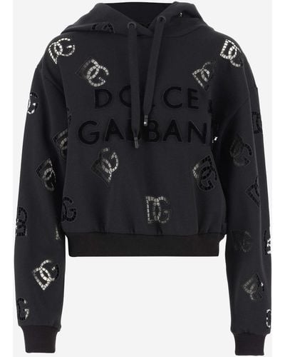 Dolce & Gabbana Logo Cotton Blend Crop Hoodie - Black
