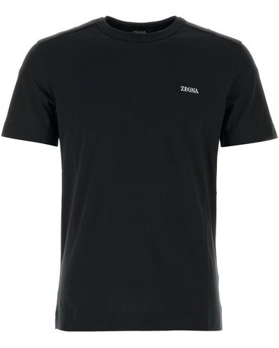 Zegna Logo Embroidered Crewneck T-Shirt - Black