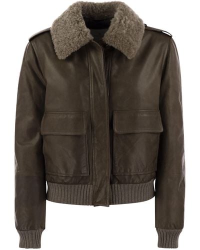 Brunello Cucinelli Leather Bomber Jacket And Shearling Collar - Black