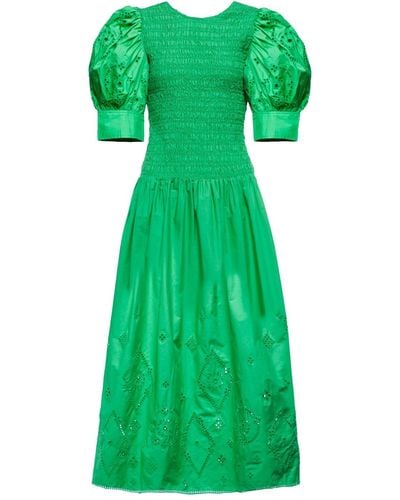 Ganni Gathered Cotton Dress - Green