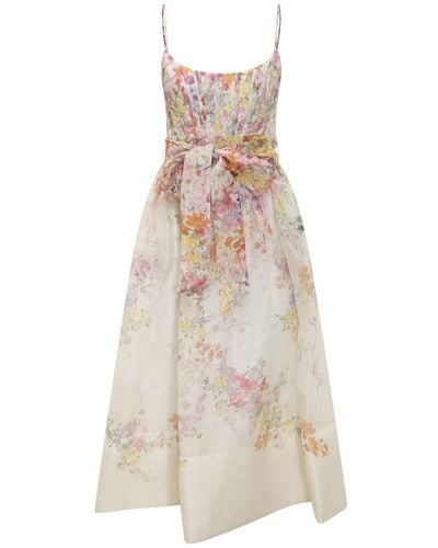 Zimmermann Linen And Silk Dress With Floral Print - White