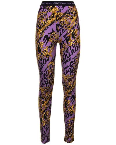 Versace Versae Jeans Couture Woman's Stretch Fabric leggings With Brush Logo Print - Purple