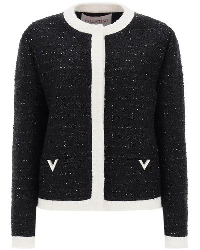 Valentino Logo Plaque Crewneck Tweed Jacket - Black