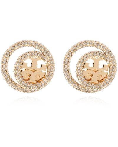 Tory Burch 'miller' Earrings With Logo, - Natural