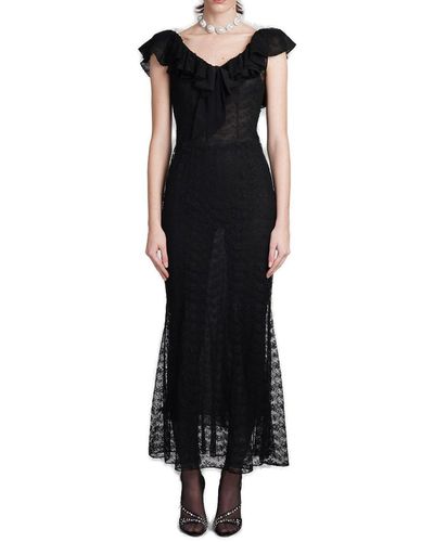 Alessandra Rich V-Neck Ruffled Trim Maxi Dress - Black