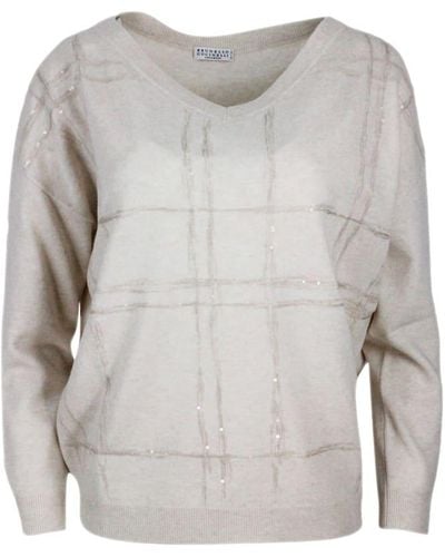 Brunello Cucinelli Lightweight V-Neck Long-Sleeved Oversized Sweater With Window Motif Embellished With Micro-Sequins - Gray