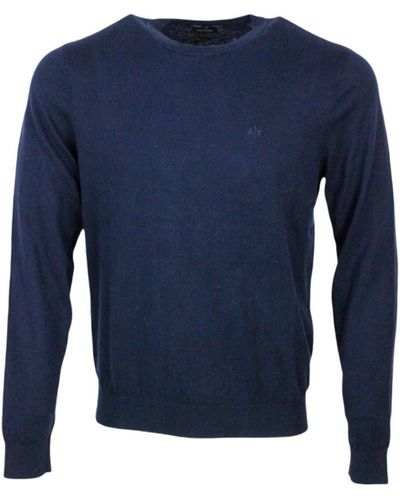 Armani Long-sleeved Crewneck Sweater In Cotton And Cashmere With Contrasting Color Profiles - Blue