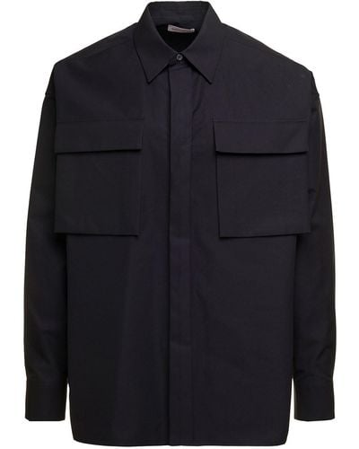 Alexander McQueen Oversized Shirt With Patch Pockets With Flaps In Cotton - Blue