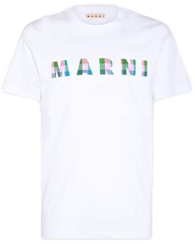 Marni Gingham Logo-Printed Crewneck T-Shirt - White