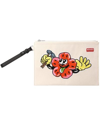 KENZO Motif-embroidered Zipped Clutch Bag - White