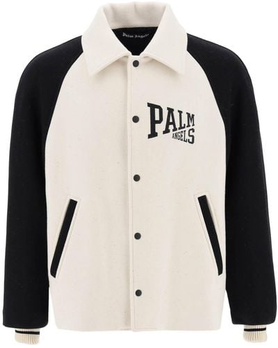 Palm Angels Wool Varsity Jacket With Embroidery - Natural