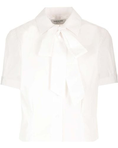 Thom Browne Short Sleeve Tucked Blouse W/ Bow - White