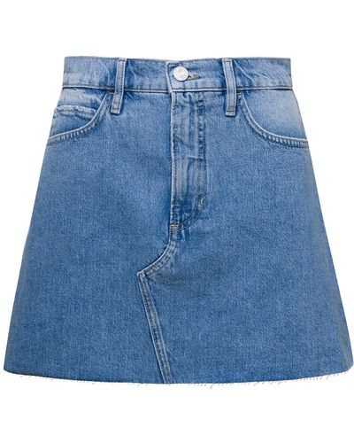 FRAME Light Blue High-waisted Mini-skirt With Branded Button In Cotton Denim