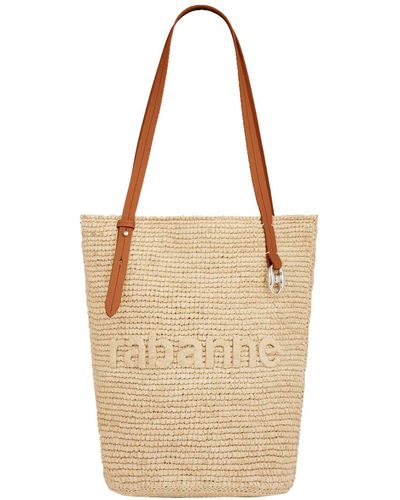 Rabanne Logo Embroidered Woven Bucket Bag - Natural