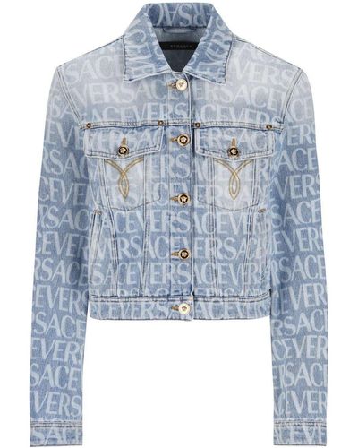 Versace Allover Logo Printed Buttoned Denim Jacket - Blue