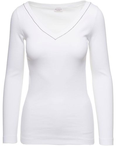 Brunello Cucinelli V-Neck Pullover With Beads Detailing - White