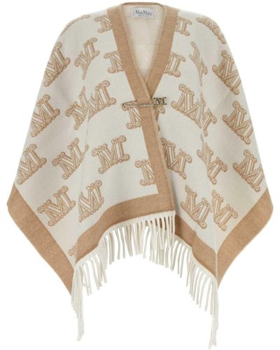 Max Mara Embroidered Wool Frine Cape - Natural