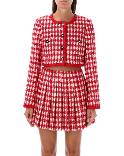 Self-Portrait Checked Boucle Cropped Jacket - Red