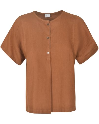 Aspesi Band Collar Plain Short-Sleeved Shirt - Brown