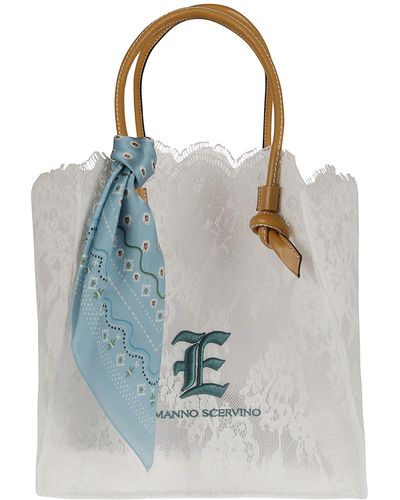 Ermanno Scervino Floral Lace Logo Embroidered Tote - Blue