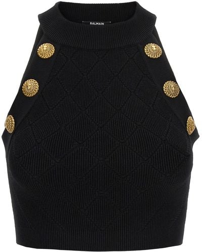Balmain Knitted Cropped Top With Embossed Buttons - Black