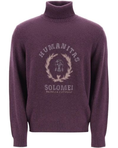 Brunello Cucinelli Cashmere Turtleneck With Punch Needle Embroidery - Purple