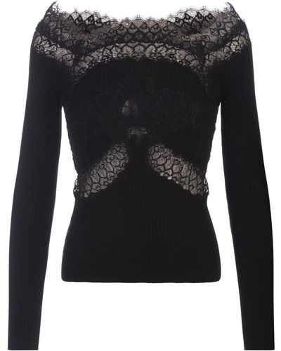 Ermanno Scervino Sweater With Lace And Boat Neckline - Black