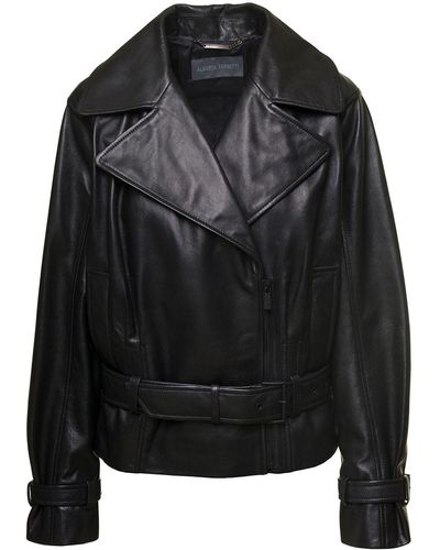 Alberta Ferretti Black Double-breasted Jacket With Matching Belt In Leather Woman