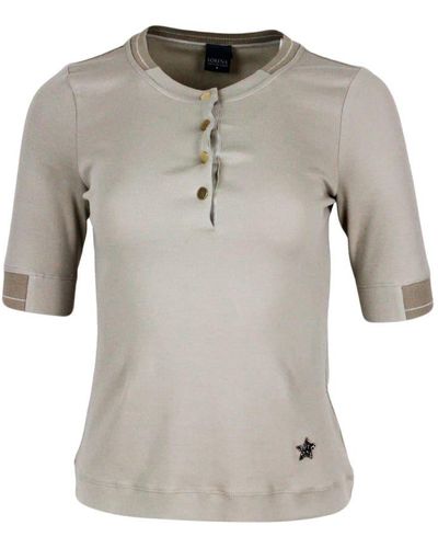 Lorena Antoniazzi Short-Sleeved Ribbed Crew-Neck Cotton T-Shirt With Button Closure And Swarosky Star - Gray