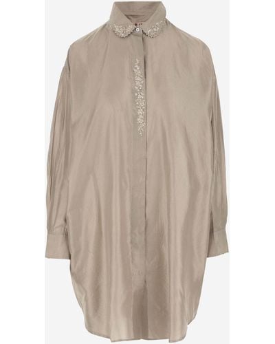 Péro Long Silk Shirt With Floral Embroidery - Natural