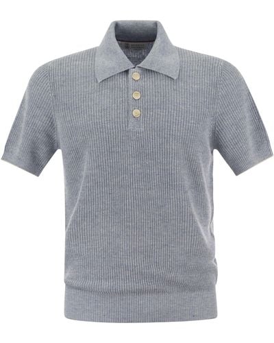 Brunello Cucinelli Linen And Cotton Half-Rib Knit Polo Shirt With Contrasting Detailing - Gray