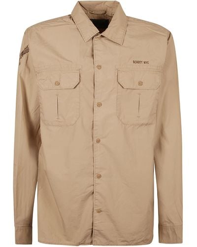 Schott Nyc Patched Pocket Logo Embroidered Shirt - Natural