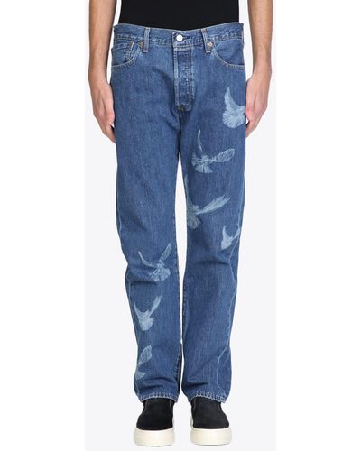 3.PARADIS Freedom Birds Straight Leg Denim Jeans Levis Collab Blue Jeans With White Doves.
