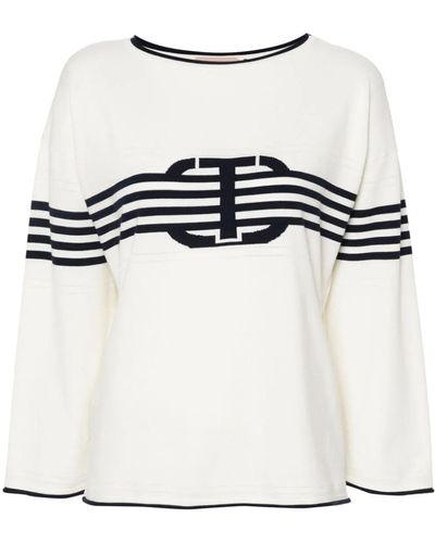 Twin Set Long Sleeves Boat Neck Striped Sweater With Logo - White