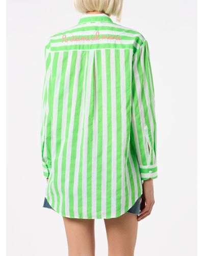 Mc2 Saint Barth Striped Cotton Shirt Portami Al Mare Embroidery - Green