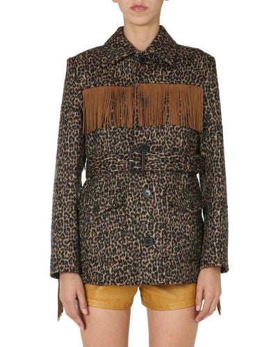 Saint Laurent Fringed Wool And Alpaca Felt Jacket With Leopard Print - Black