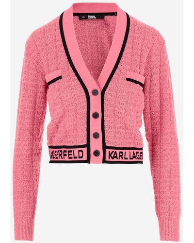 Karl Lagerfeld Cropped Cardigan In Bouclé Fabric With Logo - Pink
