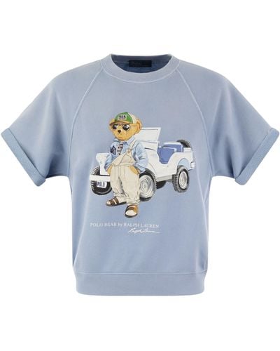 Ralph Lauren Short-Sleeved Cotton Sweatshirt With Bear - Blue