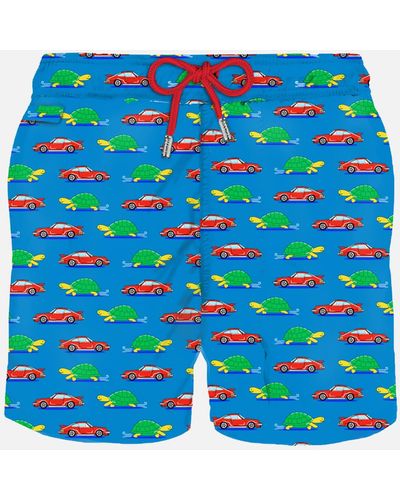 Mc2 Saint Barth Light Fabric Swim Shorts With Turtle And Car Print - Blue