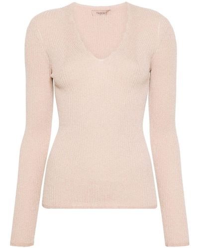 Twin Set V Neck Ribbed Sweater - Natural