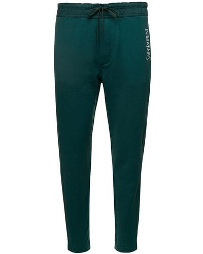 Saint Laurent Green Jogging Trousers With Drawstring And Logo Embroidery In Cotton