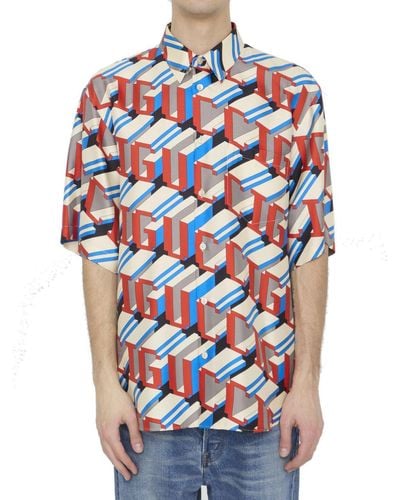 Gucci Pixel Printed Short-Sleeve Shirt - Blue