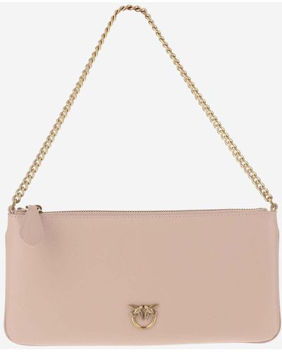 Pinko Leather Clutch Bag With Logo - Natural