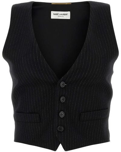 Saint Laurent Embroidered Wool Blend Vest - Black