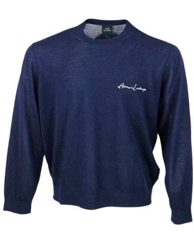 Armani Lightweight Long-Sleeved Crew-Neck Sweater Made Of Wool Blend With Logo Writing On The Chest - Blue