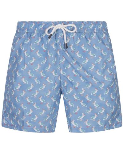 Fedeli Light Swim Shorts With Pelican Pattern - Blue