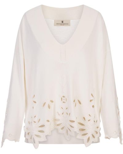Ermanno Scervino Over Jumper With V-Neck And Lace - White