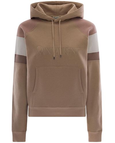 Saint Laurent Beige Hoodie With Logo Embroidery In Cotton - Brown