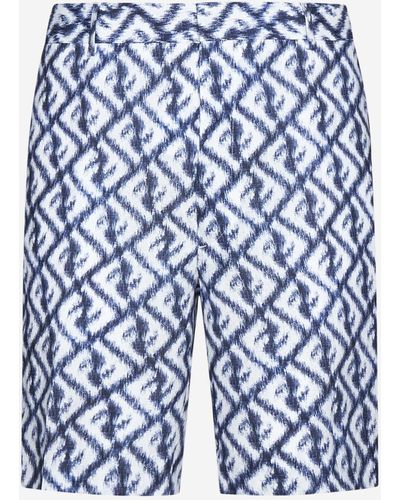 Fendi Ff Print Linen Shorts - Blue