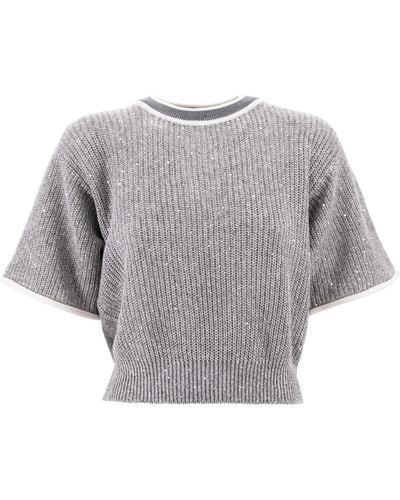 Brunello Cucinelli Contrasting-Border Knitted Top - Gray